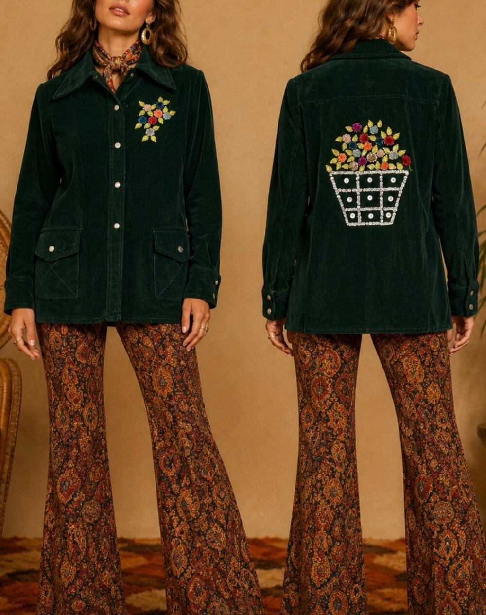 Vintage Maximum Corduroy button up Cottagecore 
sequins flowers back fairy L